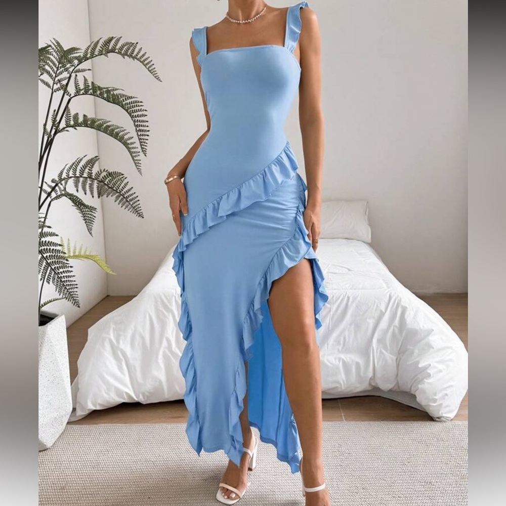 SHEIN Blue Asymmetrical Ruffled Sundress